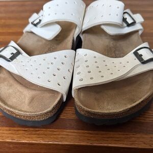 Birkenstock White Perforated Double-Buckle Slide Sandals